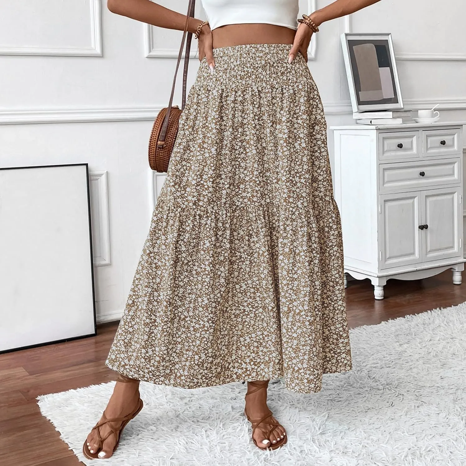 Women's Spring Skirts 2025 Summer Casual Loose Trendy Elastic Waist Floral Printed Bohemian Flowy Skirt, S-XL