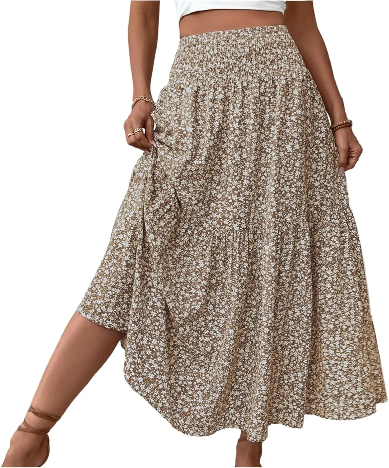 Women's Spring Skirts 2025 Summer Casual Loose Trendy Elastic Waist Floral Printed Bohemian Flowy Skirt, S-XL