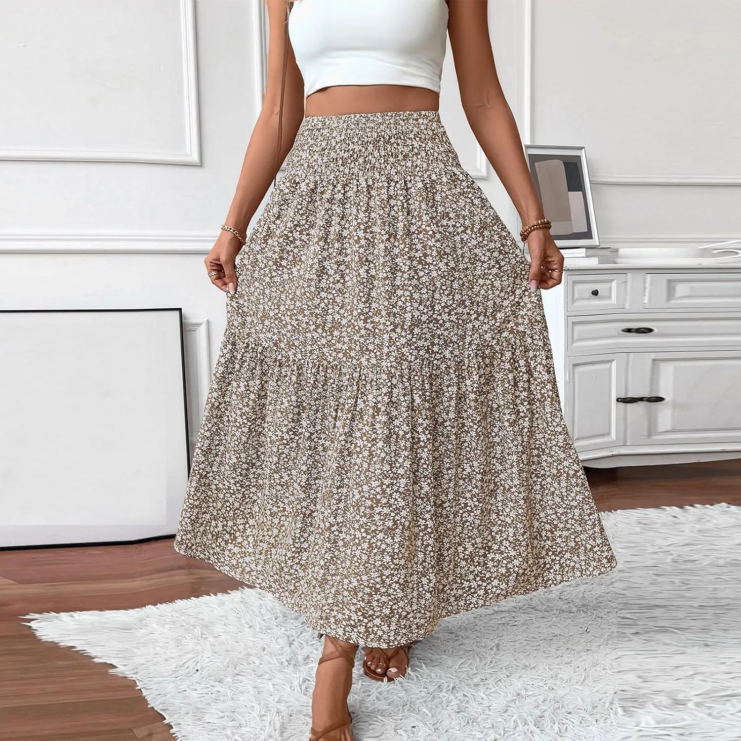 Women's Spring Skirts 2025 Summer Casual Loose Trendy Elastic Waist Floral Printed Bohemian Flowy Skirt, S-XL