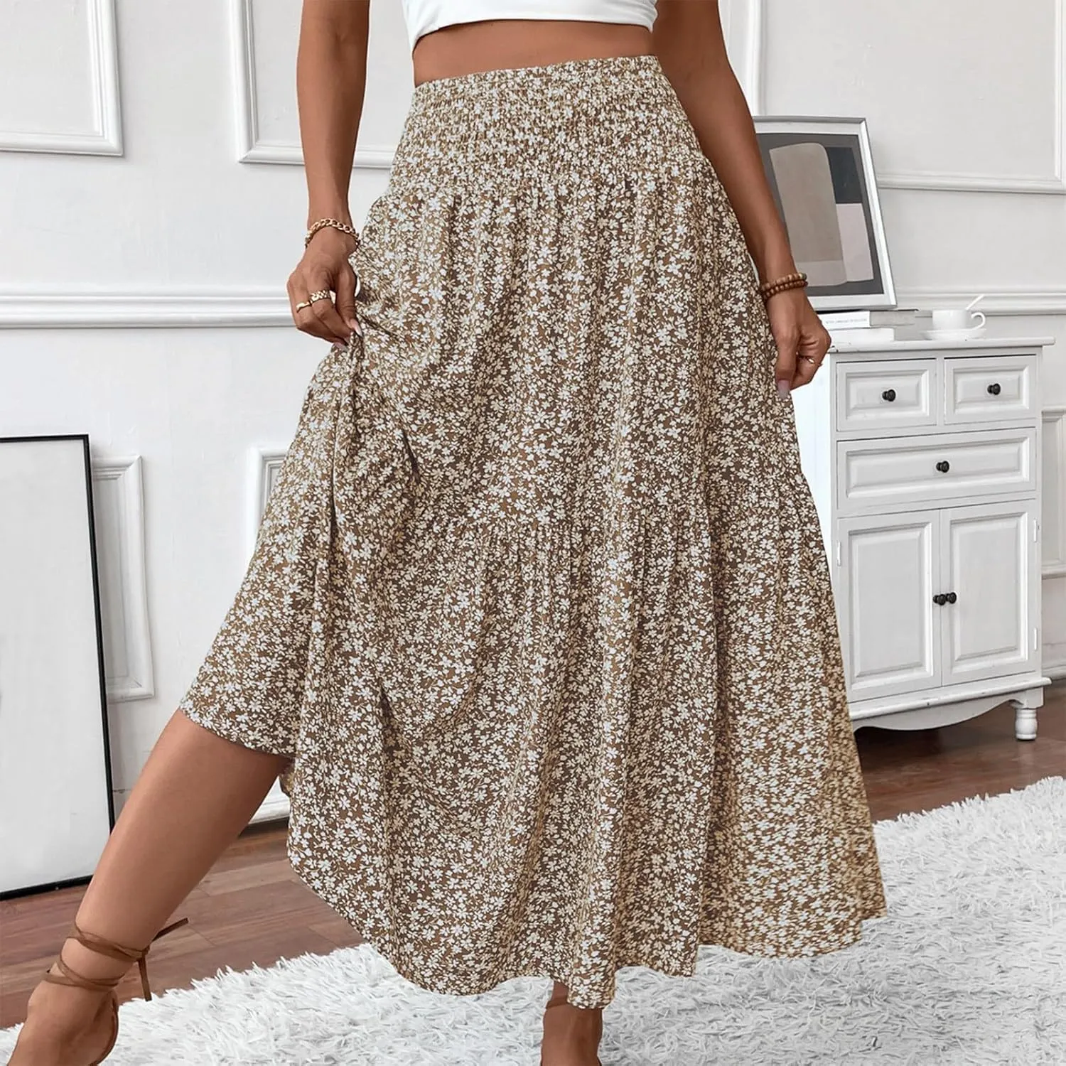 Women's Spring Skirts 2025 Summer Casual Loose Trendy Elastic Waist Floral Printed Bohemian Flowy Skirt, S-XL
