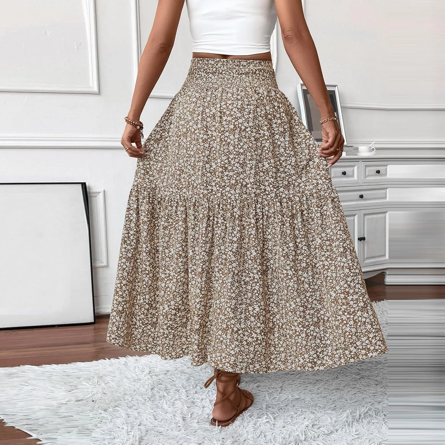 Women's Spring Skirts 2025 Summer Casual Loose Trendy Elastic Waist Floral Printed Bohemian Flowy Skirt, S-XL