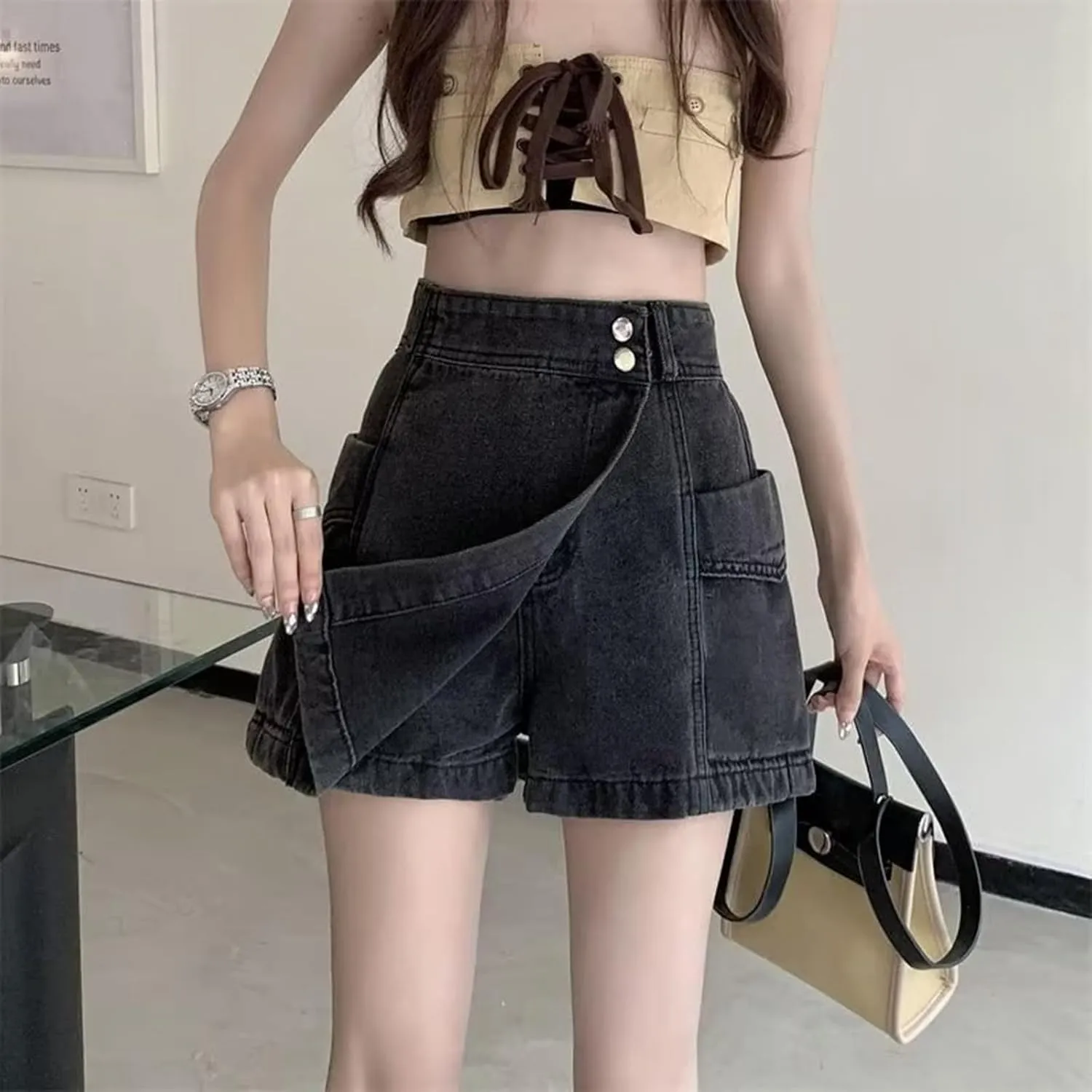 Women's Style Denim Retro High Waisted Slimming Wrap Hip Skirt Pants Bike Shorts for Women