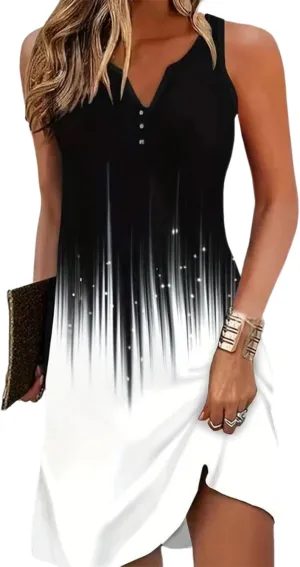 Women's Summer Black and White Gradient Color Dress Straps Sleeveless Button Elegant Beach Party Mini Dress