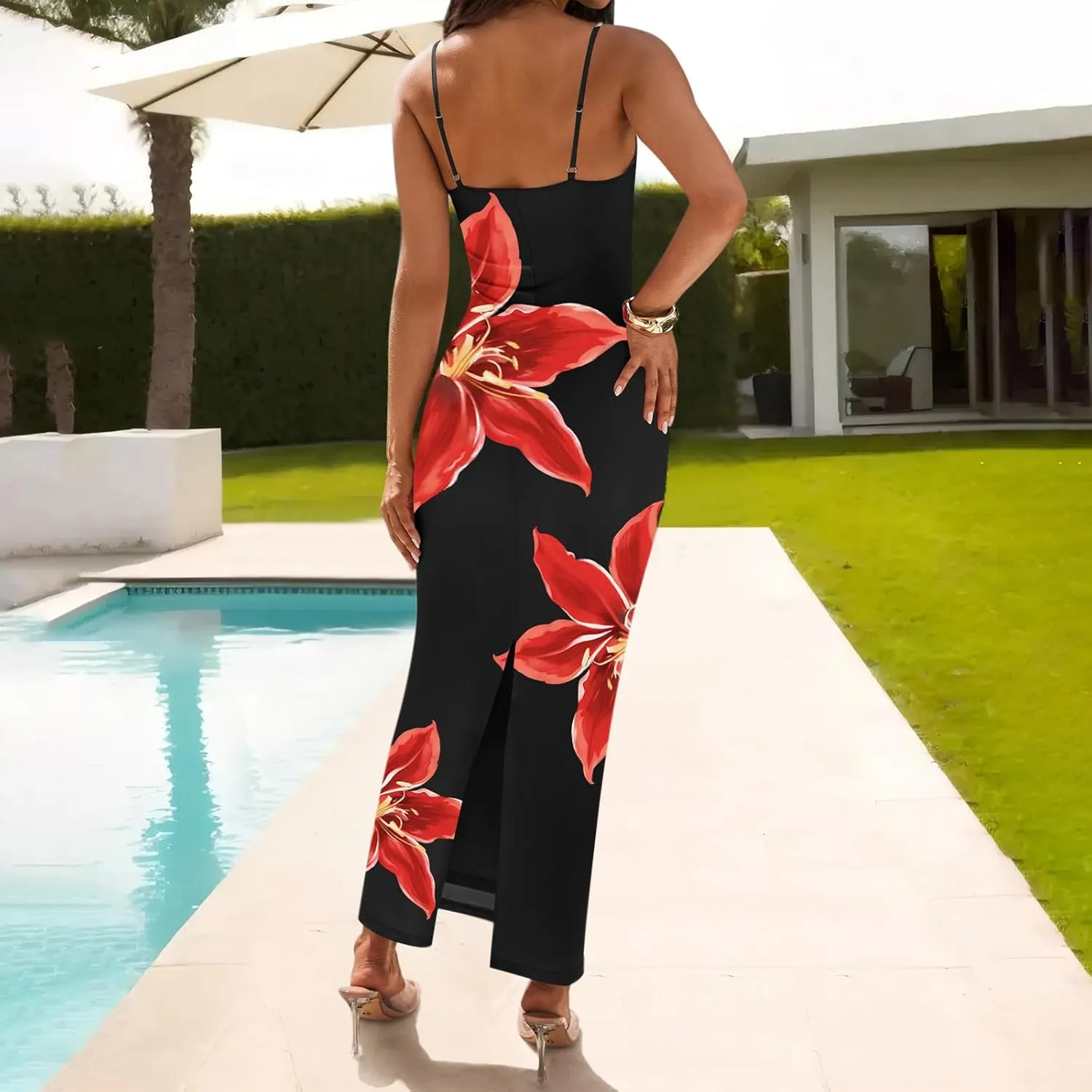 Womens Summer Bodycon Maxi Dresses 2025 Floral Spaghetti Strap Square Neck Sleeveless Boho Beach Long Sun Dress