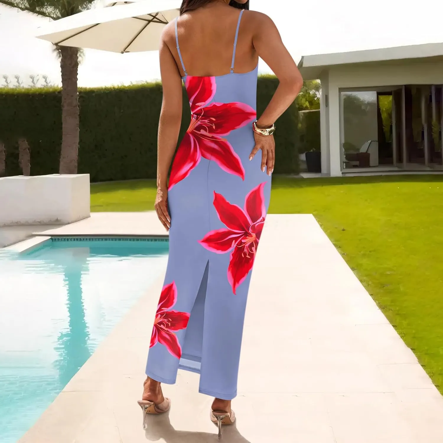 Womens Summer Bodycon Maxi Dresses 2025 Floral Spaghetti Strap Square Neck Sleeveless Boho Beach Long Sun Dress