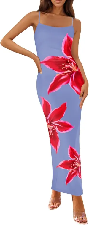 Womens Summer Bodycon Maxi Dresses 2025 Floral Spaghetti Strap Square Neck Sleeveless Boho Beach Long Sun Dress