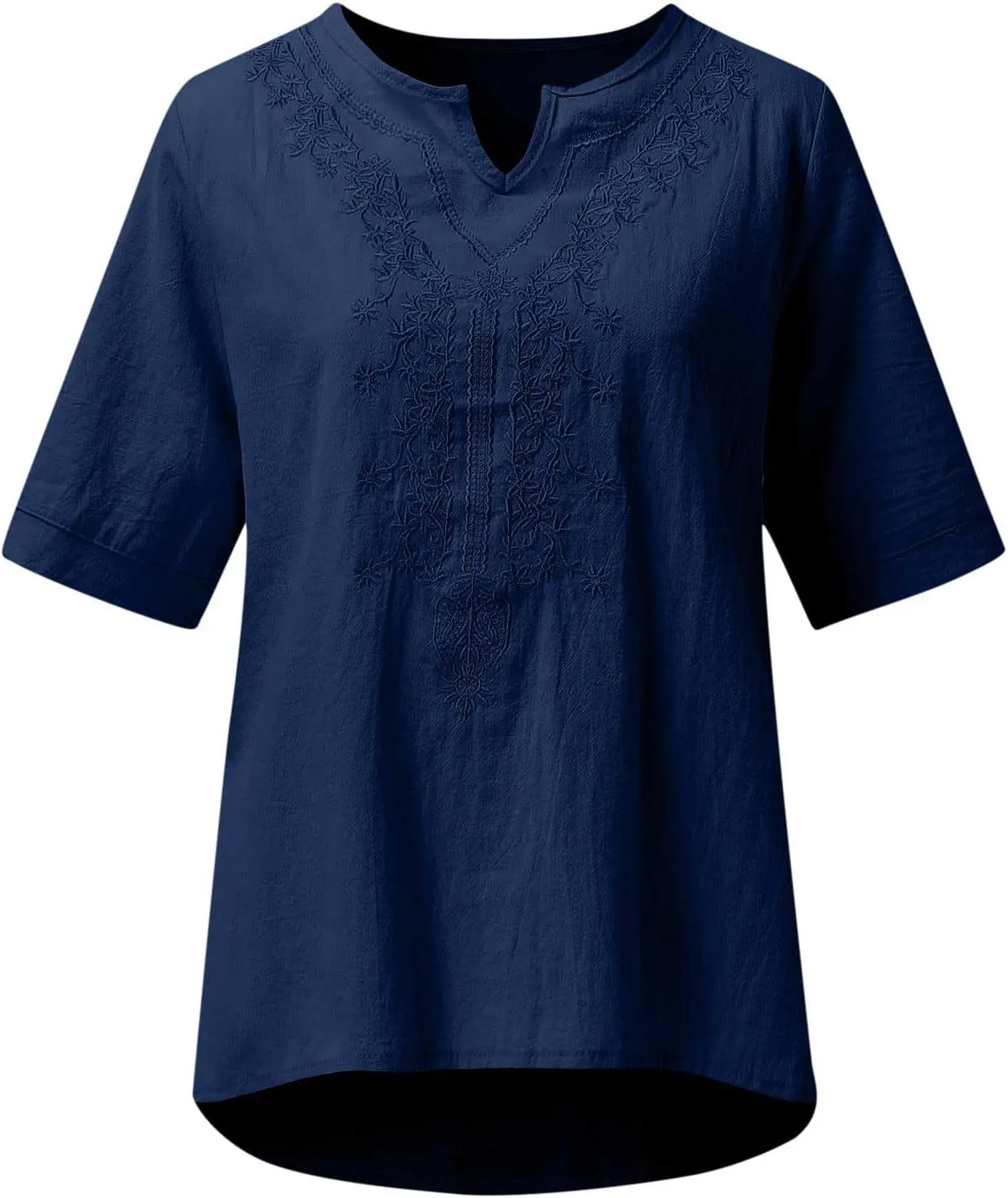 Women's Summer Cotton Linen Tunic Shirt Floral Embroidery Tees Shirts Casual Jacquard Boho Blouses Loose Tshirts