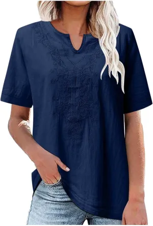 Women's Summer Cotton Linen Tunic Shirt Floral Embroidery Tees Shirts Casual Jacquard Boho Blouses Loose Tshirts