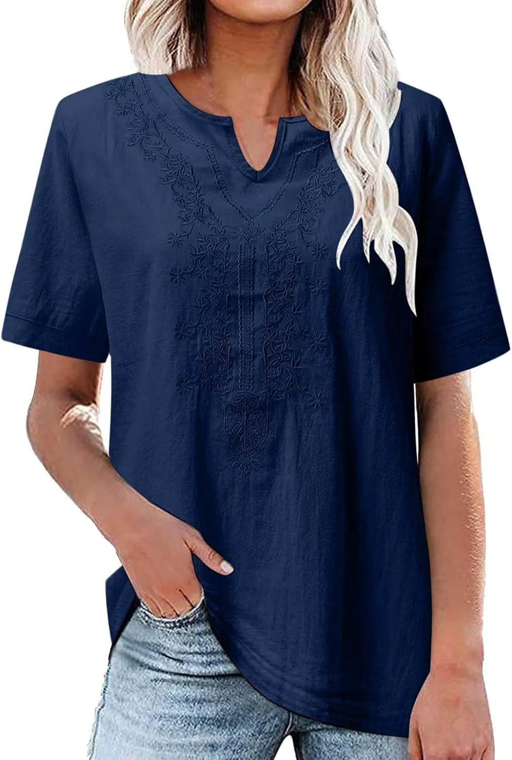 Women's Summer Cotton Linen Tunic Shirt Floral Embroidery Tees Shirts Casual Jacquard Boho Blouses Loose Tshirts