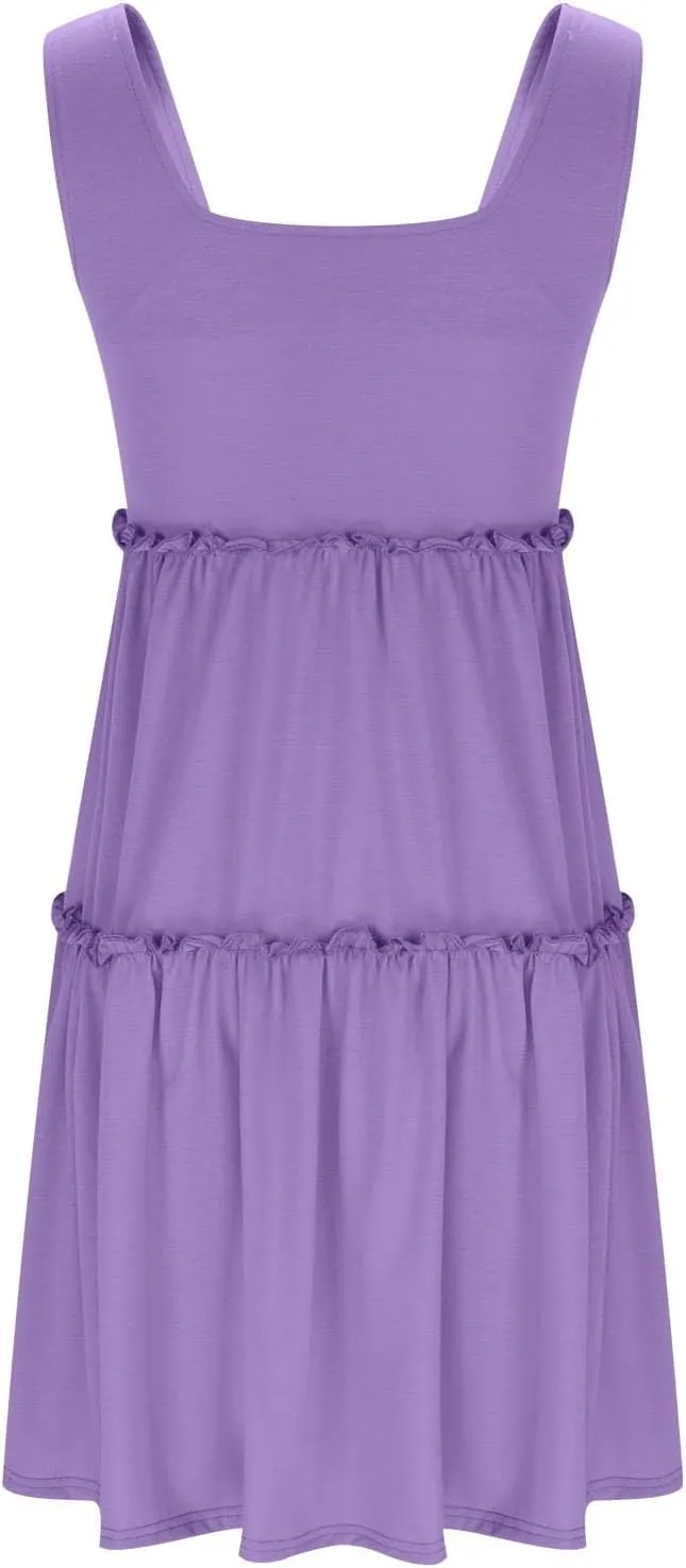 Womens Summer Dresses 2025 Sleeveless Square Neck Smocked Ruffle Tiered Casual Swing Mini Dress Beach Boho Sundress