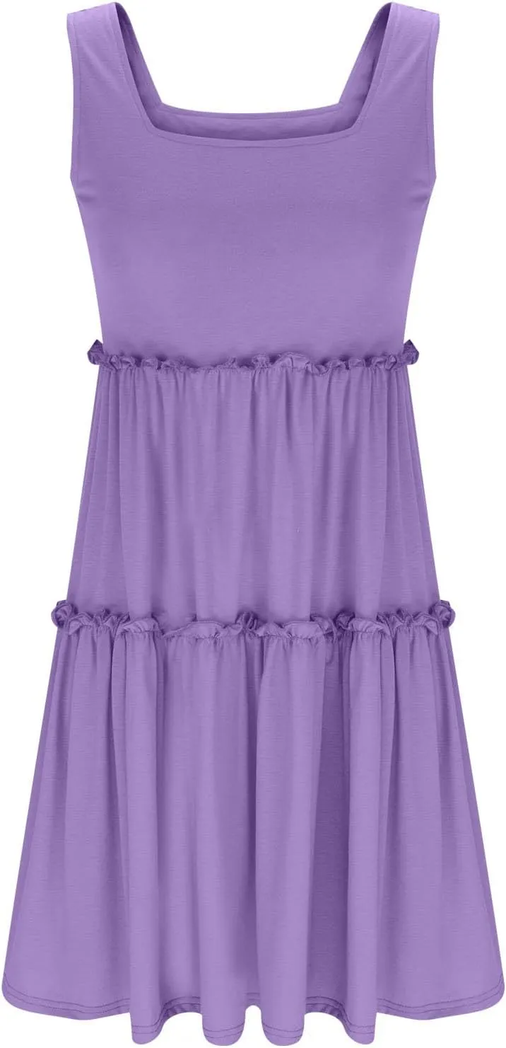 Womens Summer Dresses 2025 Sleeveless Square Neck Smocked Ruffle Tiered Casual Swing Mini Dress Beach Boho Sundress
