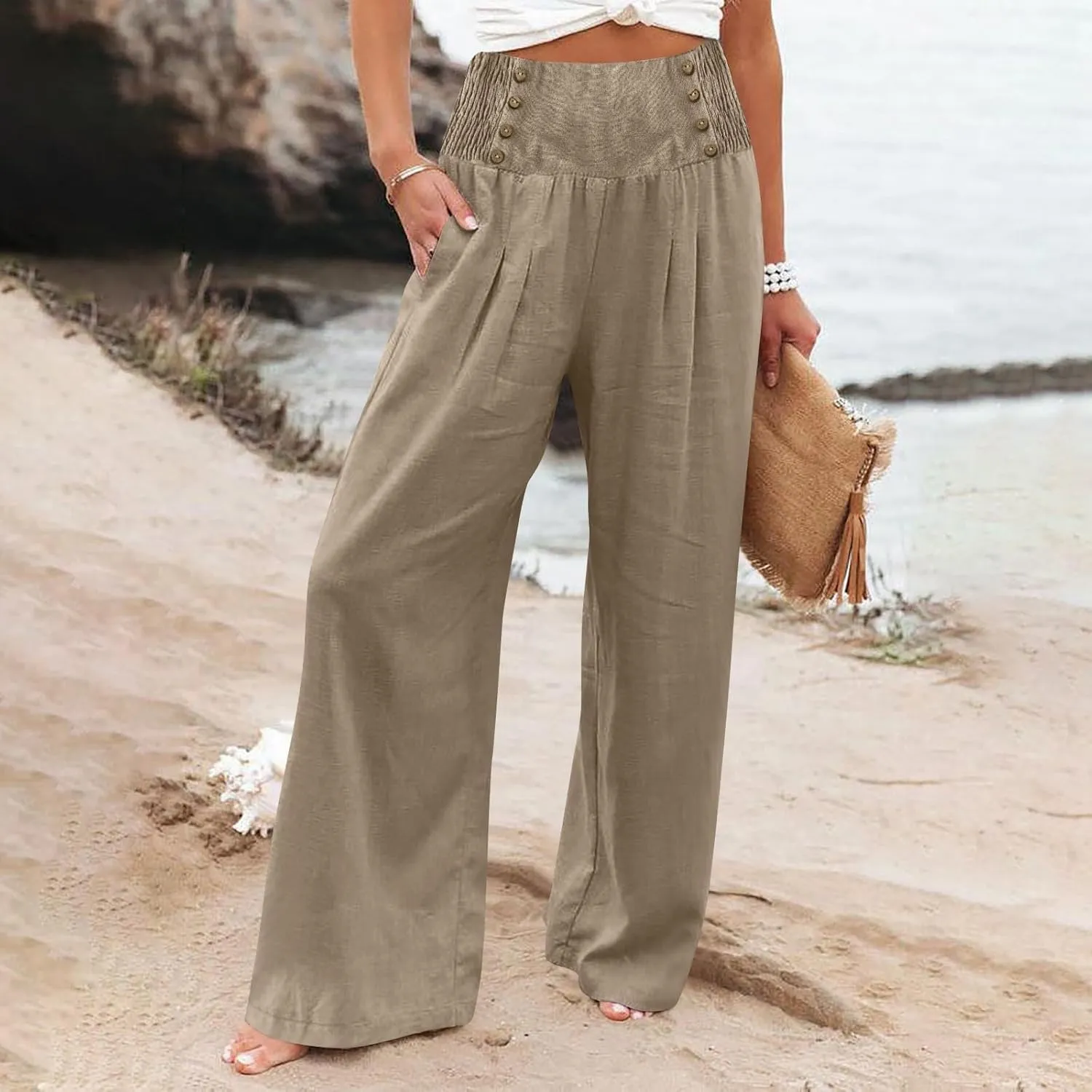 Women's Summer High Waisted Cotton and Linen Palazzo Pants Wide Leg Long Lounge Yoga Pant Trouser with Pocket