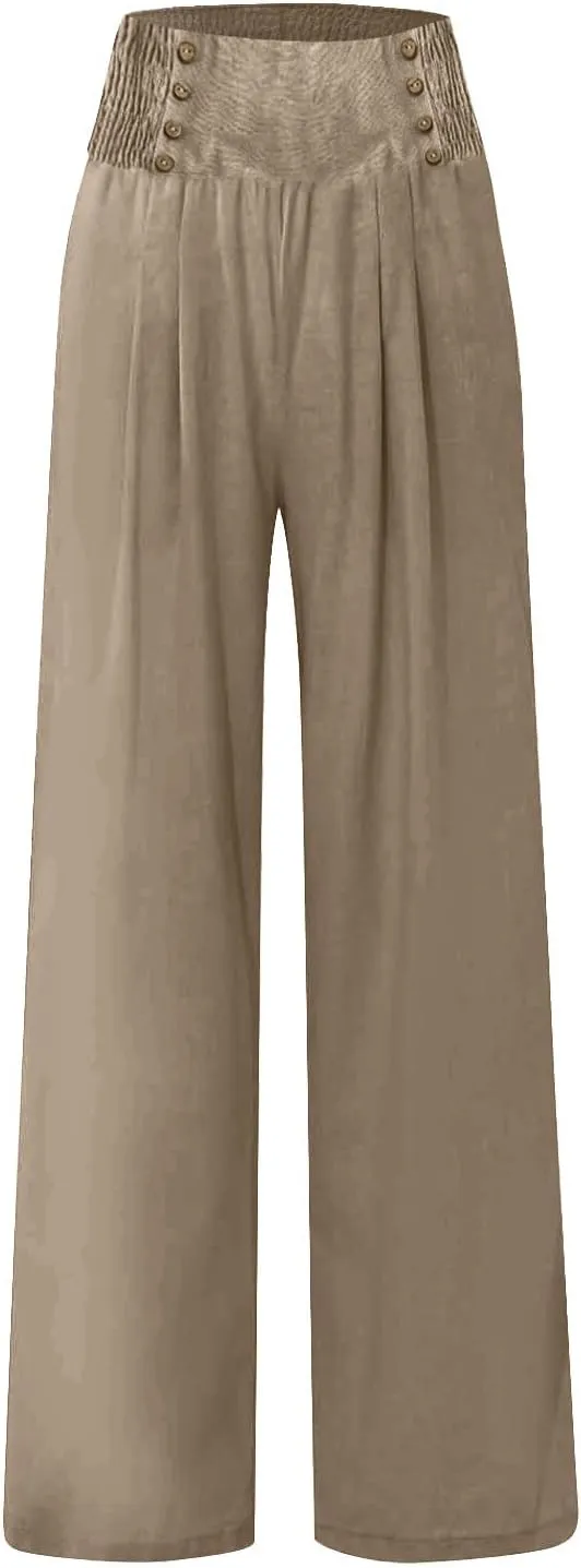 Women's Summer High Waisted Cotton and Linen Palazzo Pants Wide Leg Long Lounge Yoga Pant Trouser with Pocket