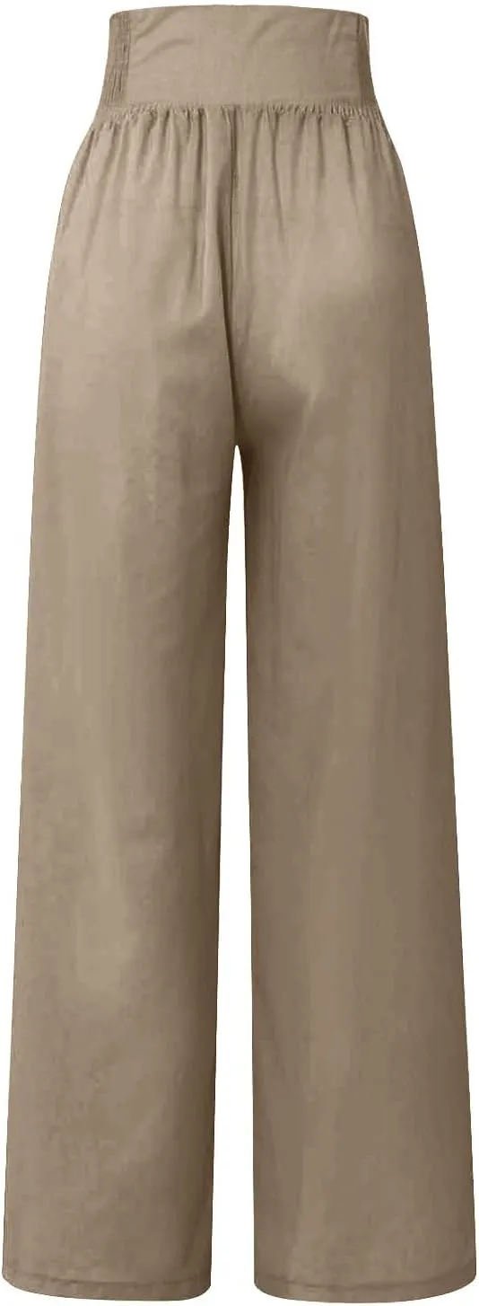 Women's Summer High Waisted Cotton and Linen Palazzo Pants Wide Leg Long Lounge Yoga Pant Trouser with Pocket