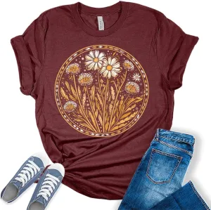 Womens Summer Shirts Trendy Boho Graphic Tees Cute Vintage Cottagecore T Shirts Floral Tops