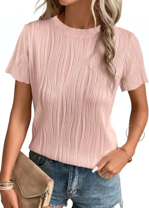 Womens Summer Tops Trendy Textured Short Sleeve T Shirts Crewneck Business Casual Outfits Tees Blouses