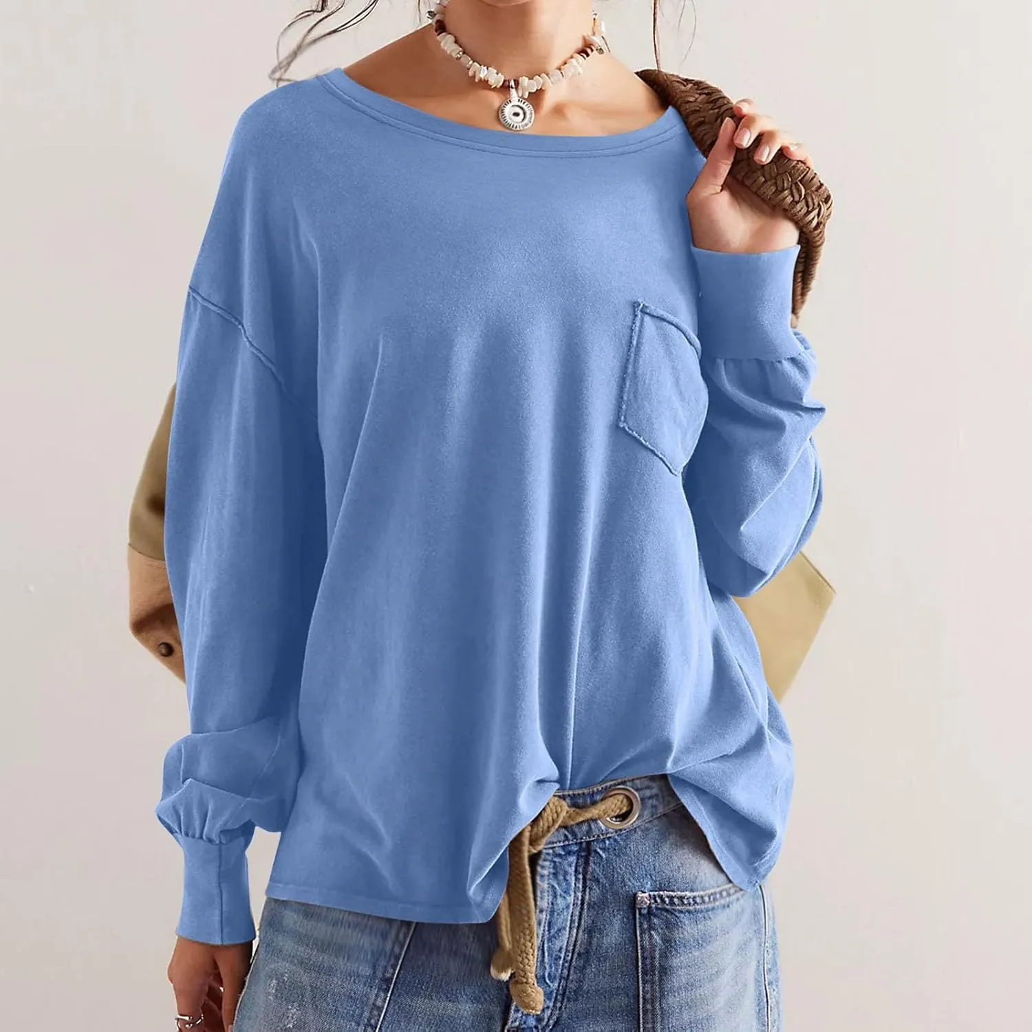 Womens Sweatshirts 2024 Casual Fall Tops Crewneck Long Sleeve Shirts Dropped Shoulder Loose Fit Basic T Shirts