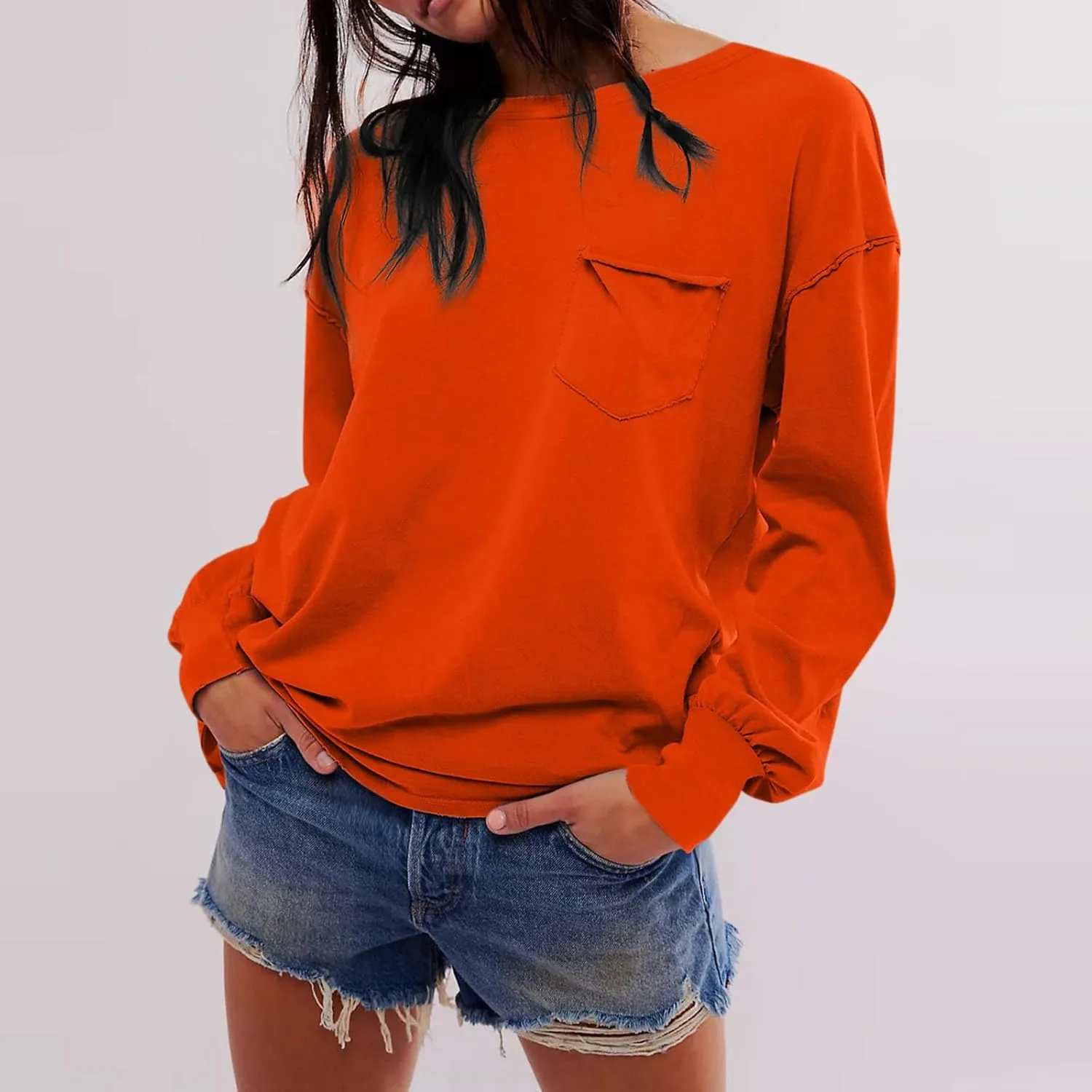 Womens Sweatshirts 2024 Casual Fall Tops Crewneck Long Sleeve Shirts Dropped Shoulder Loose Fit Basic T Shirts