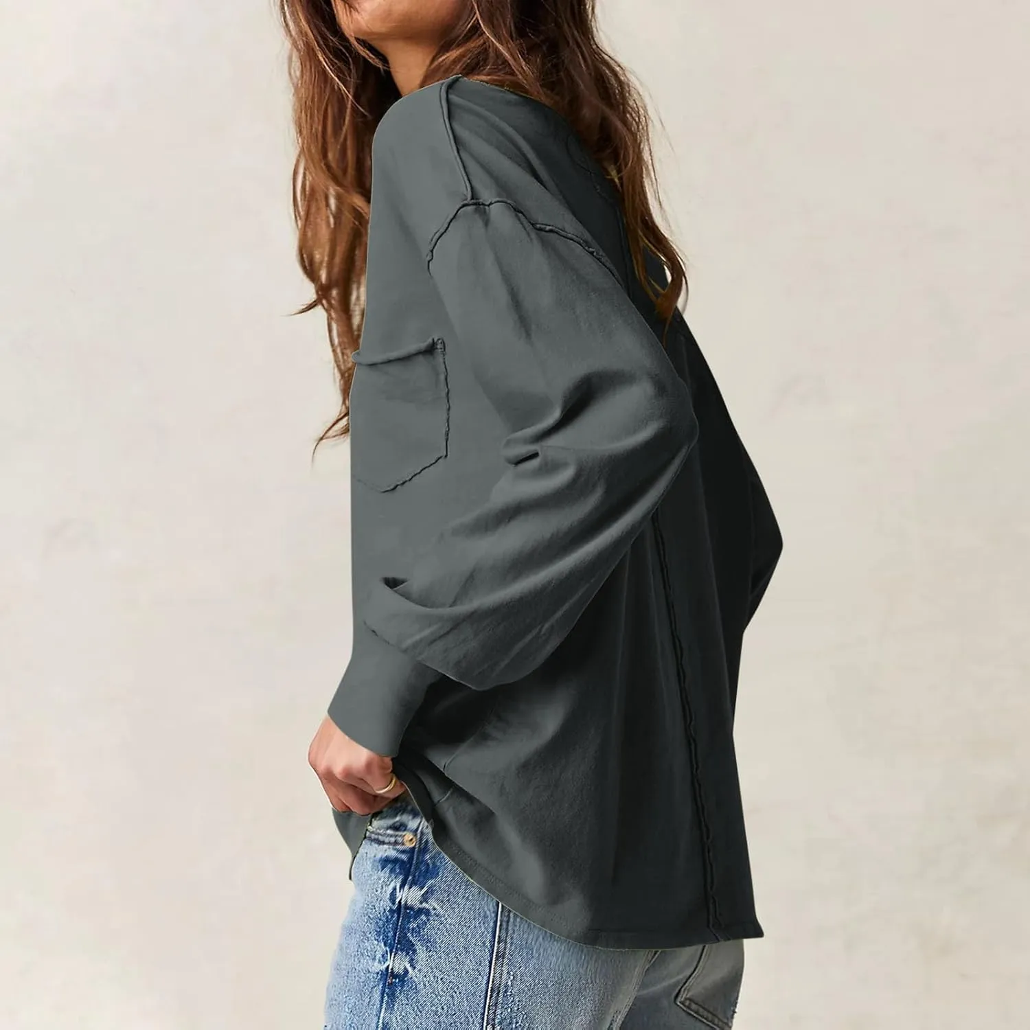 Womens Sweatshirts 2024 Casual Fall Tops Crewneck Long Sleeve Shirts Dropped Shoulder Loose Fit Basic T Shirts