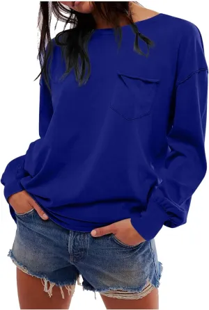 Womens Sweatshirts 2024 Casual Fall Tops Crewneck Long Sleeve Shirts Dropped Shoulder Loose Fit Basic T Shirts