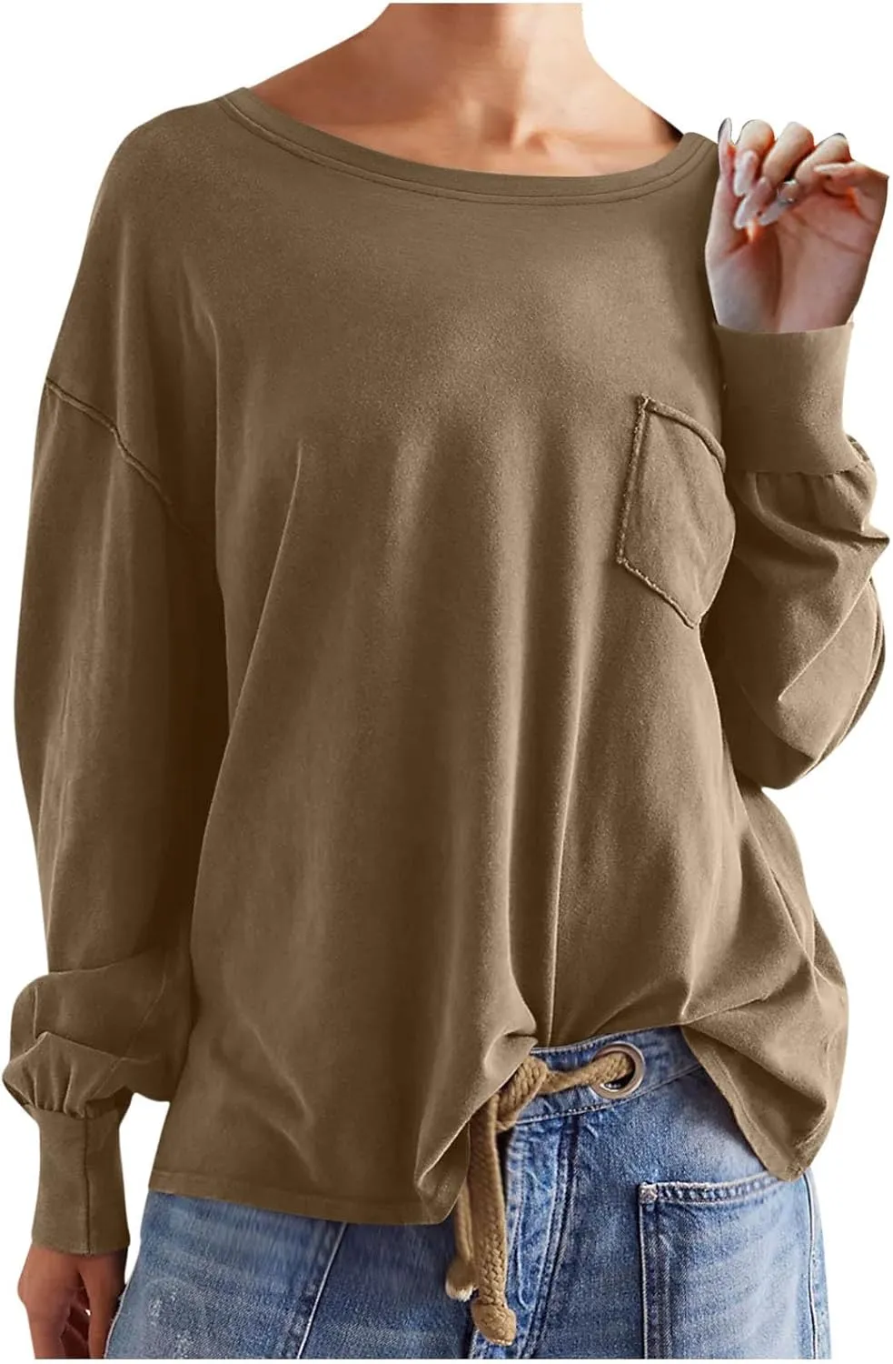Womens Sweatshirts 2024 Casual Fall Tops Crewneck Long Sleeve Shirts Dropped Shoulder Loose Fit Basic T Shirts
