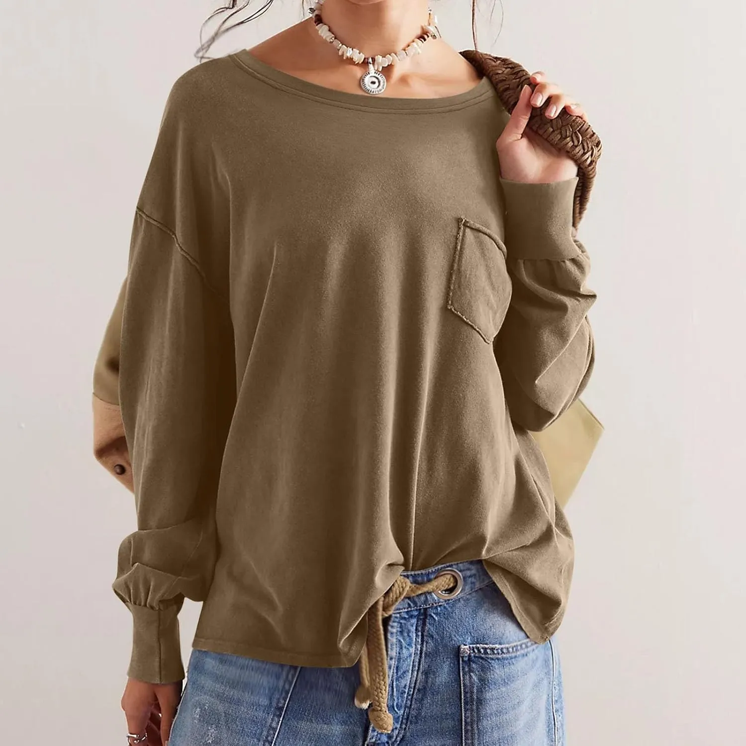 Womens Sweatshirts 2024 Casual Fall Tops Crewneck Long Sleeve Shirts Dropped Shoulder Loose Fit Basic T Shirts