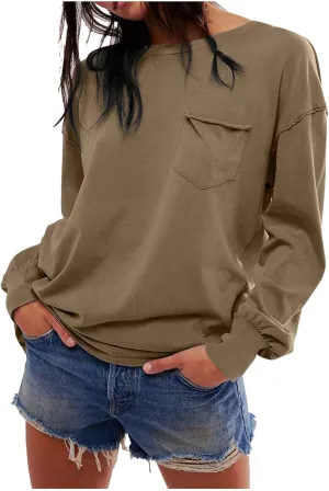 Womens Sweatshirts 2024 Casual Fall Tops Crewneck Long Sleeve Shirts Dropped Shoulder Loose Fit Basic T Shirts