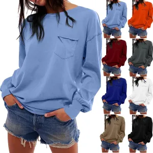 Womens Sweatshirts 2024 Casual Fall Tops Crewneck Long Sleeve Shirts Dropped Shoulder Loose Fit Basic T Shirts