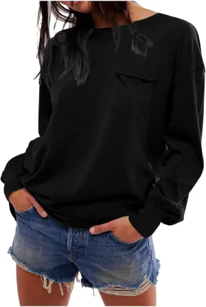 Womens Sweatshirts 2024 Casual Fall Tops Crewneck Long Sleeve Shirts Dropped Shoulder Loose Fit Basic T Shirts