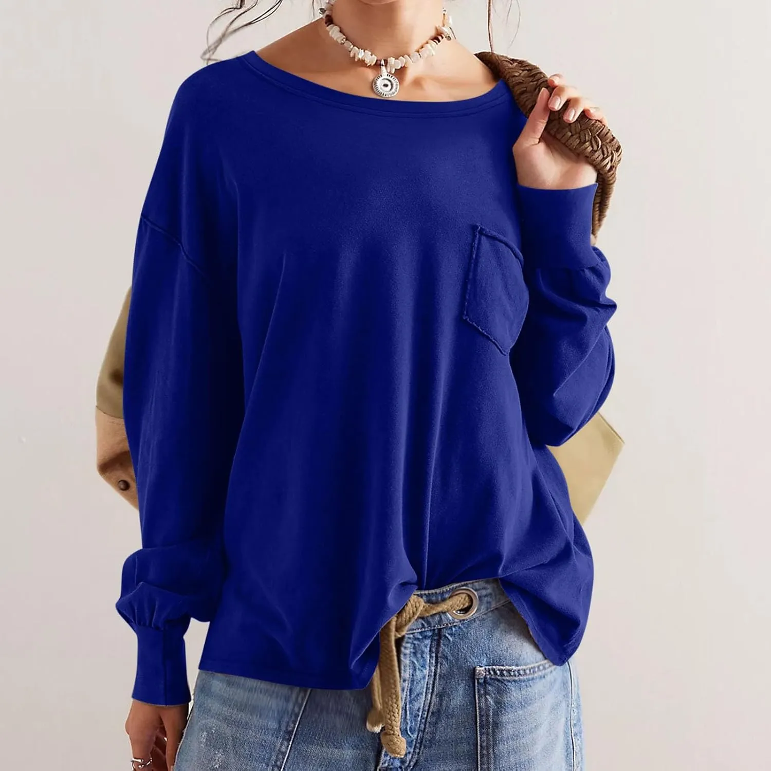 Womens Sweatshirts 2024 Casual Fall Tops Crewneck Long Sleeve Shirts Dropped Shoulder Loose Fit Basic T Shirts