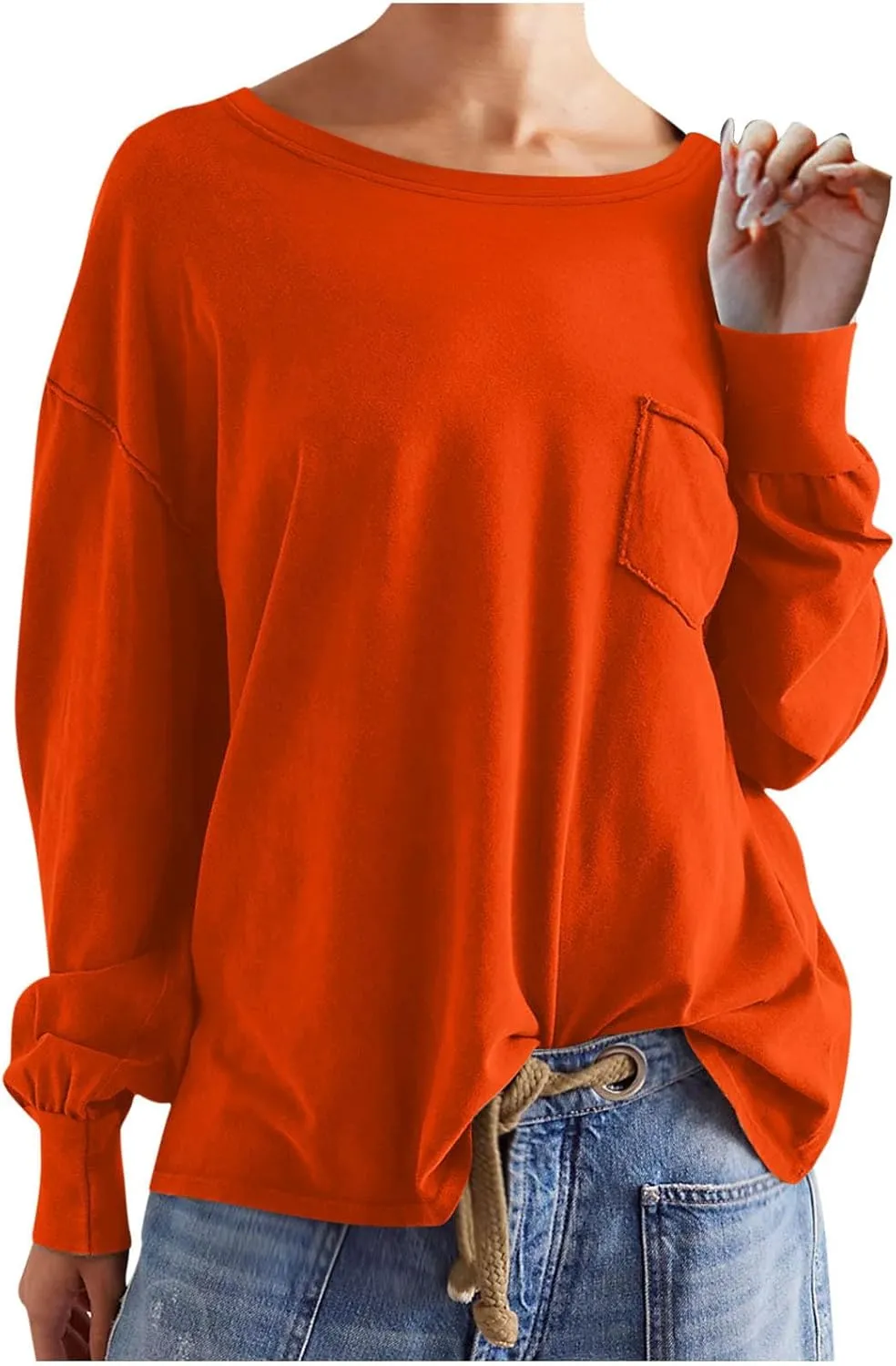 Womens Sweatshirts 2024 Casual Fall Tops Crewneck Long Sleeve Shirts Dropped Shoulder Loose Fit Basic T Shirts