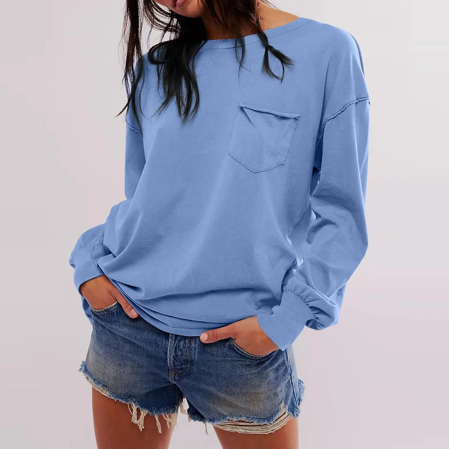 Womens Sweatshirts 2024 Casual Fall Tops Crewneck Long Sleeve Shirts Dropped Shoulder Loose Fit Basic T Shirts