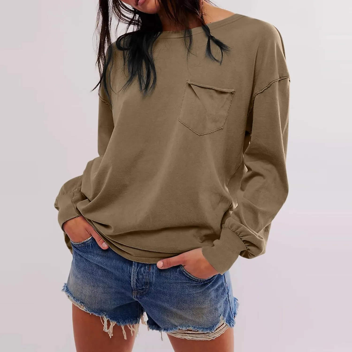 Womens Sweatshirts 2024 Casual Fall Tops Crewneck Long Sleeve Shirts Dropped Shoulder Loose Fit Basic T Shirts