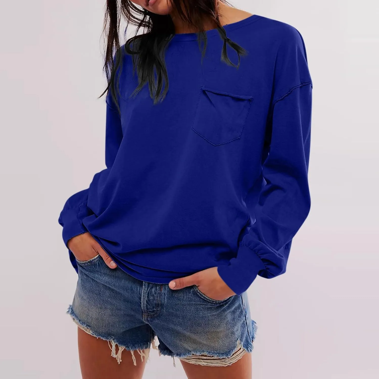 Womens Sweatshirts 2024 Casual Fall Tops Crewneck Long Sleeve Shirts Dropped Shoulder Loose Fit Basic T Shirts