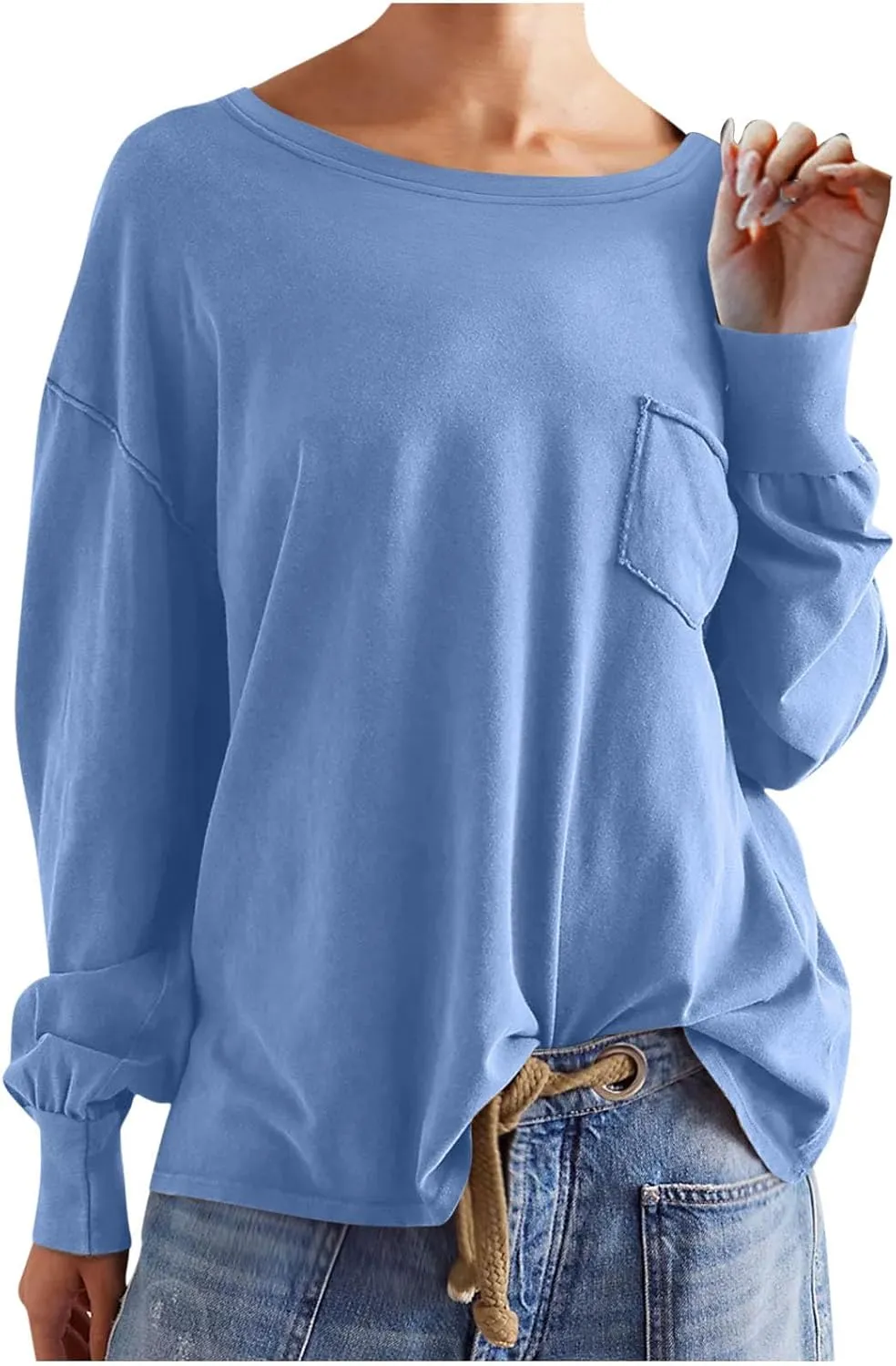 Womens Sweatshirts 2024 Casual Fall Tops Crewneck Long Sleeve Shirts Dropped Shoulder Loose Fit Basic T Shirts