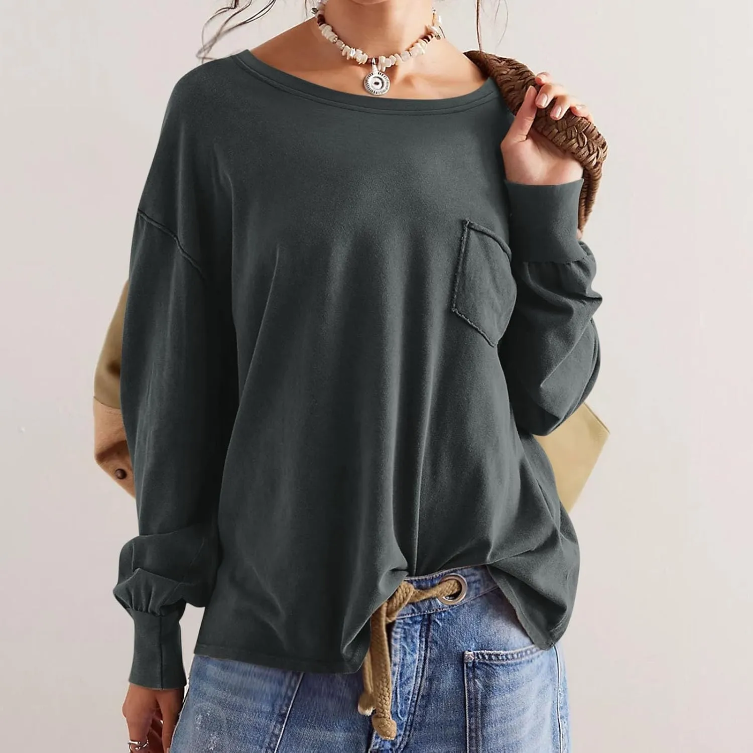Womens Sweatshirts 2024 Casual Fall Tops Crewneck Long Sleeve Shirts Dropped Shoulder Loose Fit Basic T Shirts