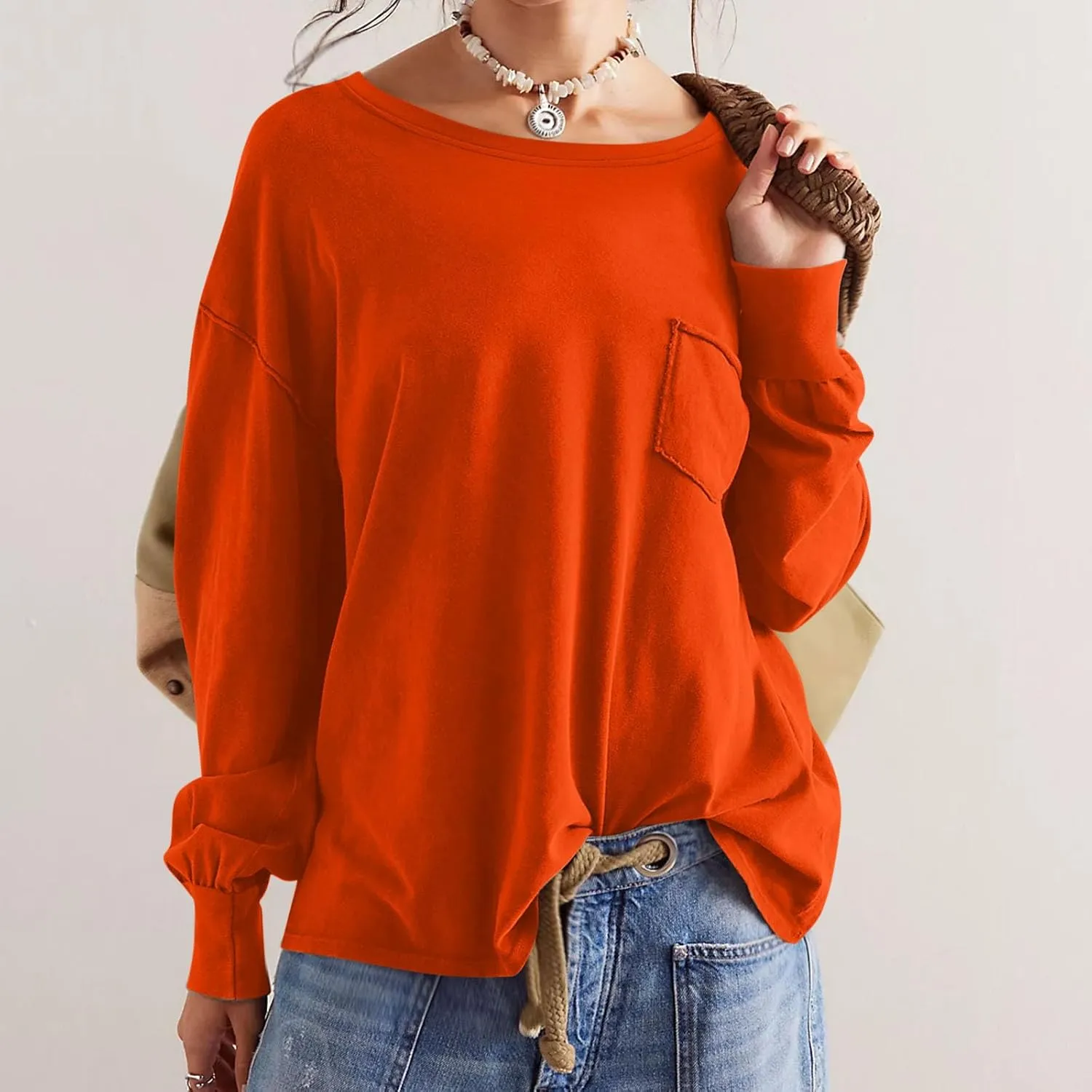 Womens Sweatshirts 2024 Casual Fall Tops Crewneck Long Sleeve Shirts Dropped Shoulder Loose Fit Basic T Shirts