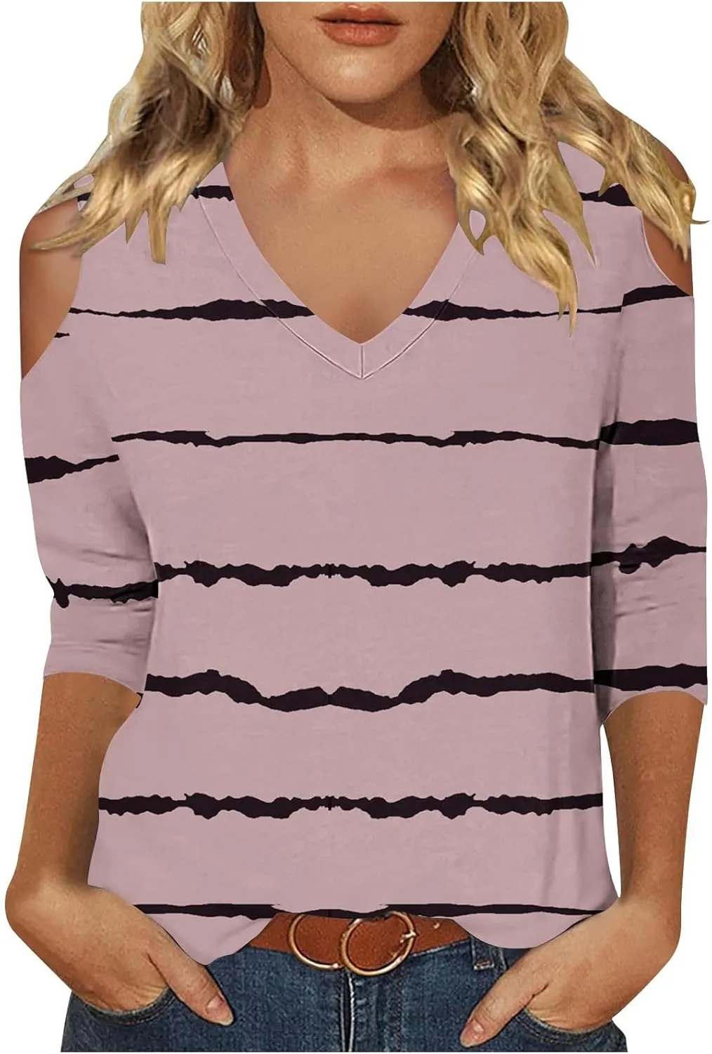 Womens Tops 3/4 Length Sleeves V Neck Cold Shoulder Shirts Trendy Striped Summer Blouse Ladies Workout Going Out Tees