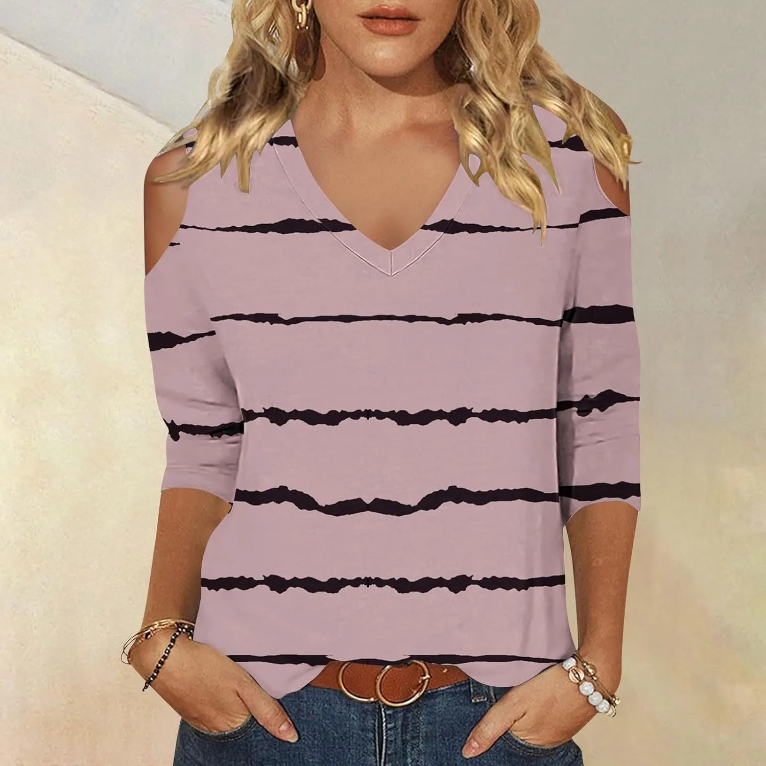 Womens Tops 3/4 Length Sleeves V Neck Cold Shoulder Shirts Trendy Striped Summer Blouse Ladies Workout Going Out Tees