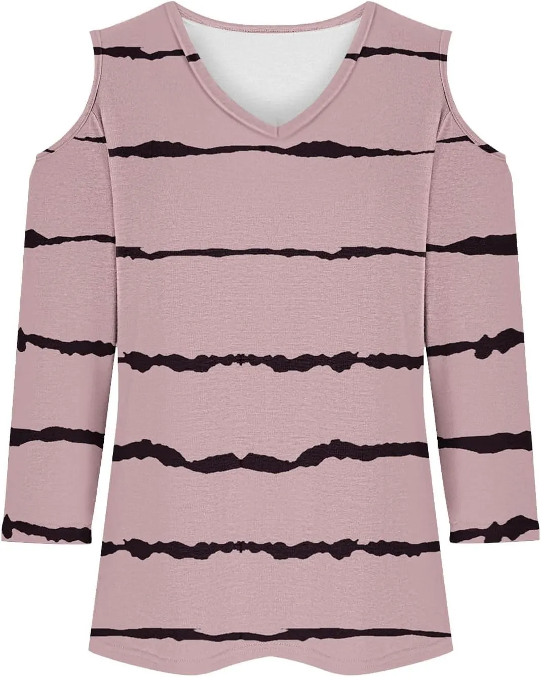 Womens Tops 3/4 Length Sleeves V Neck Cold Shoulder Shirts Trendy Striped Summer Blouse Ladies Workout Going Out Tees