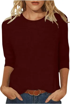 Womens Tops 3/4 Sleeve Shirts Crew Neck Loose Casual Dressy Blouses Floral Fashion Print Tshirts Plain Basic Cute Tees