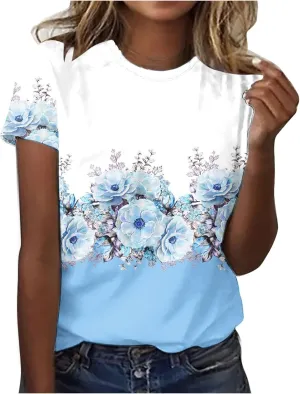 Womens Tops Short Sleeve Loose Fit Floral Print Crewneck Pullover Blouse Causal Graphic Tee Shirts Trendy Clothes