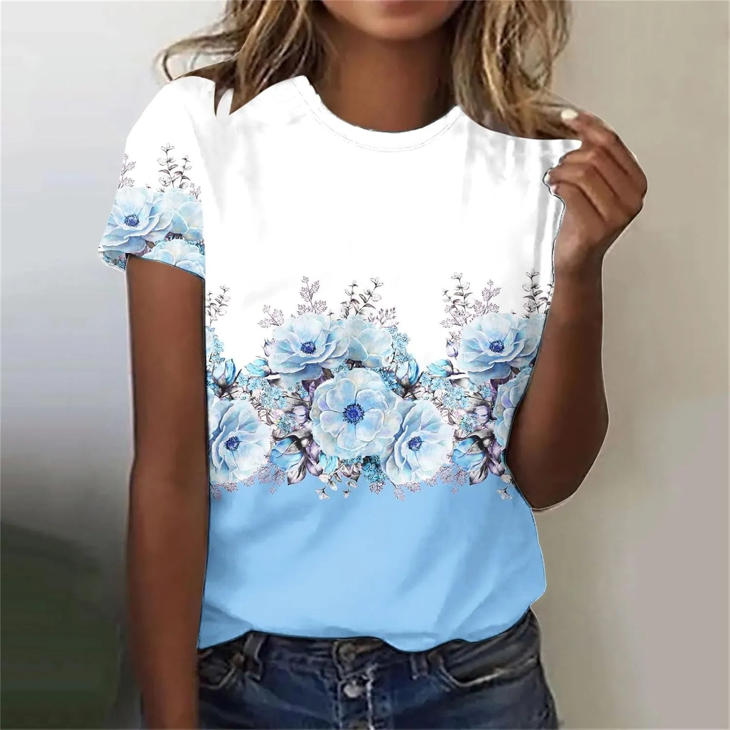 Womens Tops Short Sleeve Loose Fit Floral Print Crewneck Pullover Blouse Causal Graphic Tee Shirts Trendy Clothes
