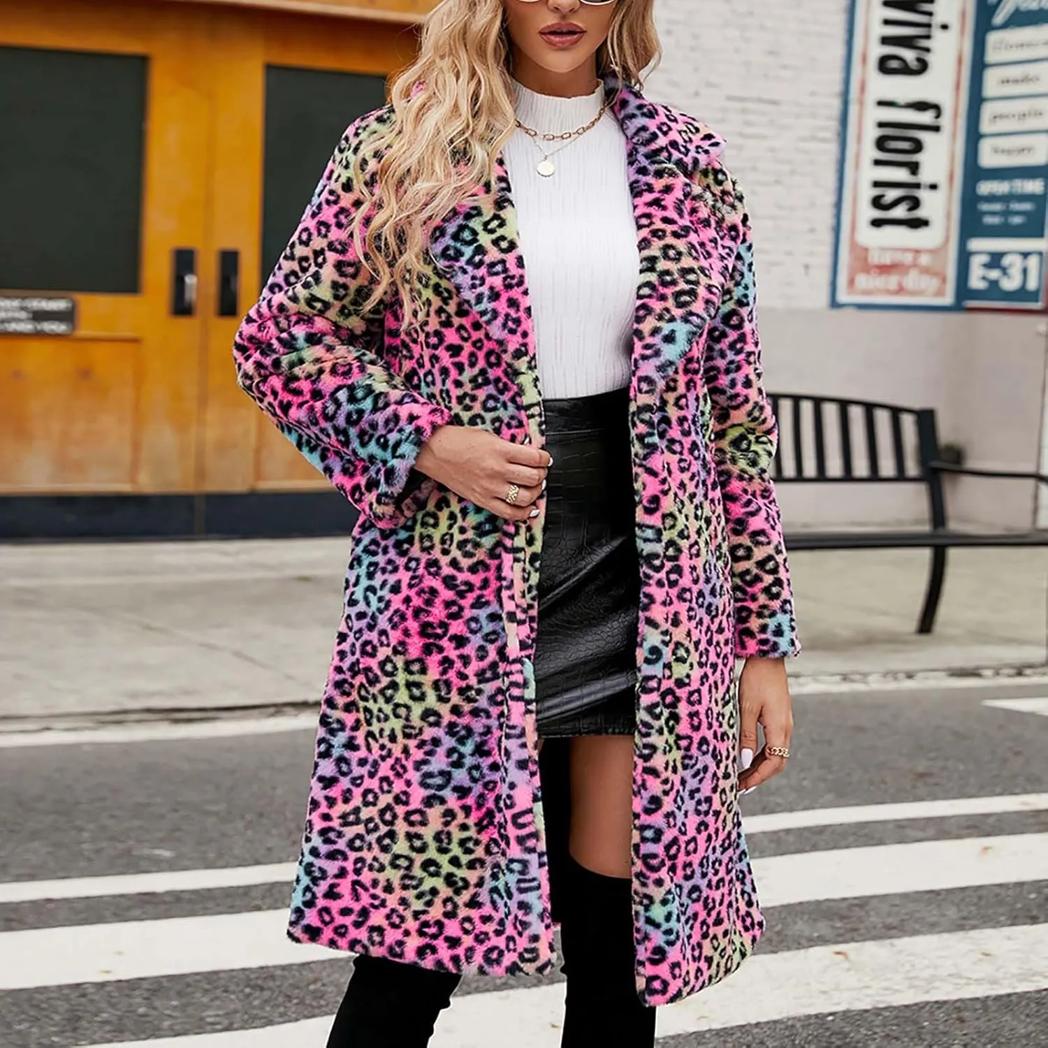 Womens Trendy Leopard Overcoat Warm Faux Furry Long Coat with Pockets Winter Jackets Loose Cardigan Outerwear