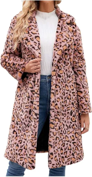 Womens Trendy Leopard Overcoat Warm Faux Furry Long Coat with Pockets Winter Jackets Loose Cardigan Outerwear