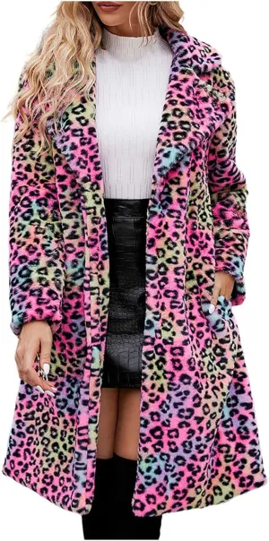 Womens Trendy Leopard Overcoat Warm Faux Furry Long Coat with Pockets Winter Jackets Loose Cardigan Outerwear