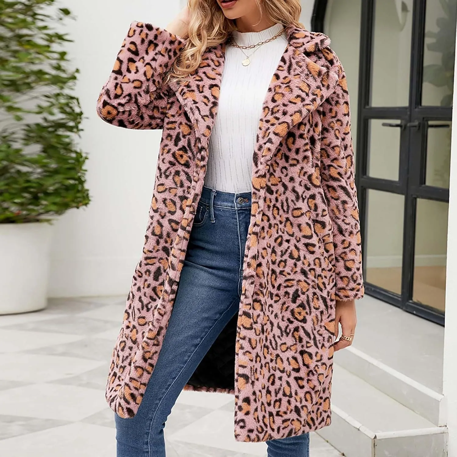 Womens Trendy Leopard Overcoat Warm Faux Furry Long Coat with Pockets Winter Jackets Loose Cardigan Outerwear