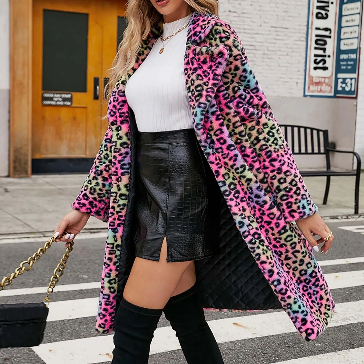 Womens Trendy Leopard Overcoat Warm Faux Furry Long Coat with Pockets Winter Jackets Loose Cardigan Outerwear