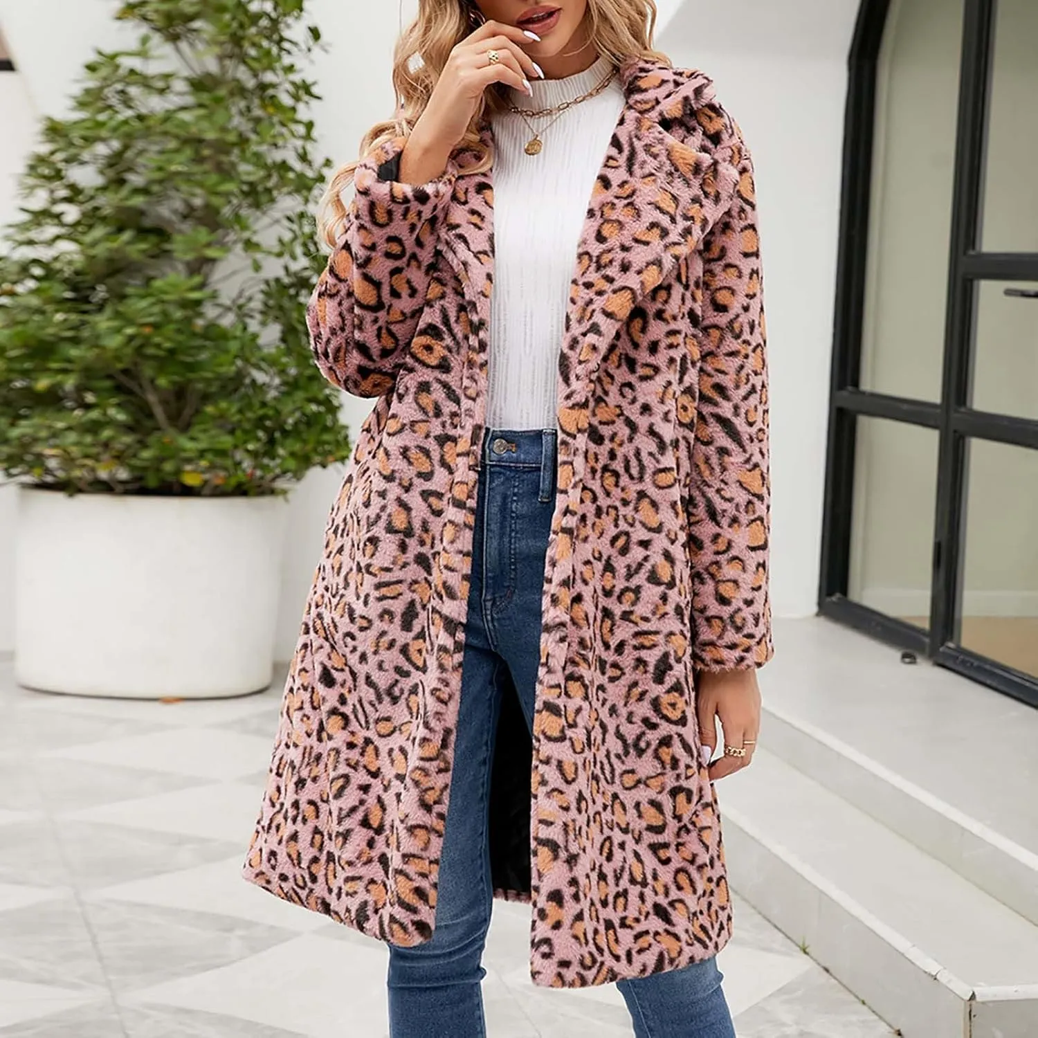 Womens Trendy Leopard Overcoat Warm Faux Furry Long Coat with Pockets Winter Jackets Loose Cardigan Outerwear