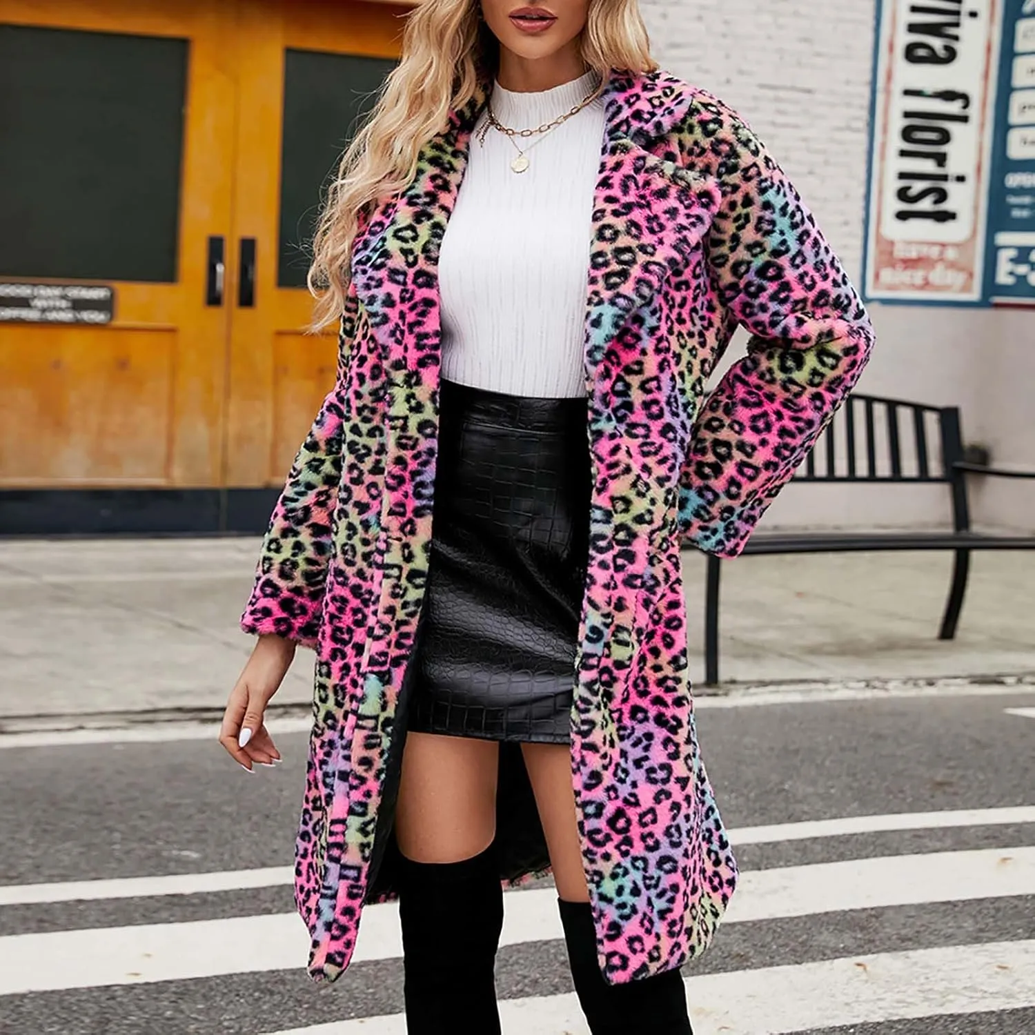 Womens Trendy Leopard Overcoat Warm Faux Furry Long Coat with Pockets Winter Jackets Loose Cardigan Outerwear